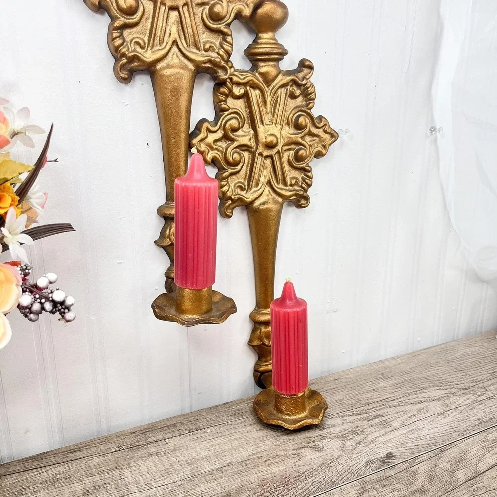 Vintage Hoda Gilt Wall Sconce Pair | 16" Ornate Gold Taper Candle Holders